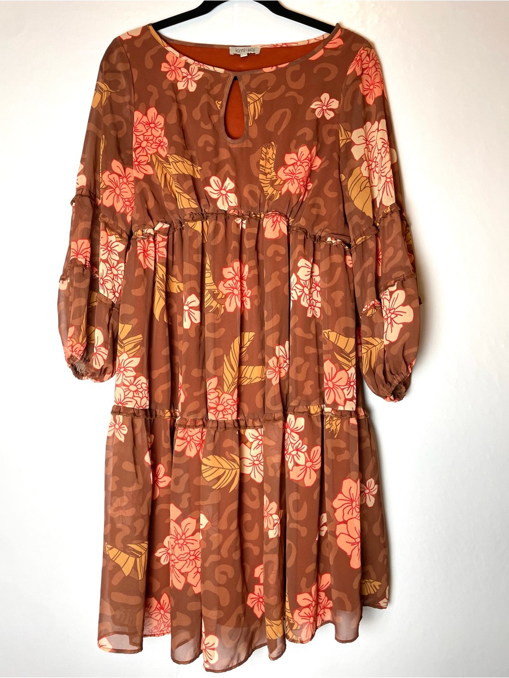 Kimi and Kai Brown Floral Tiered Midi Dress with Pink and Yellow Blossoms